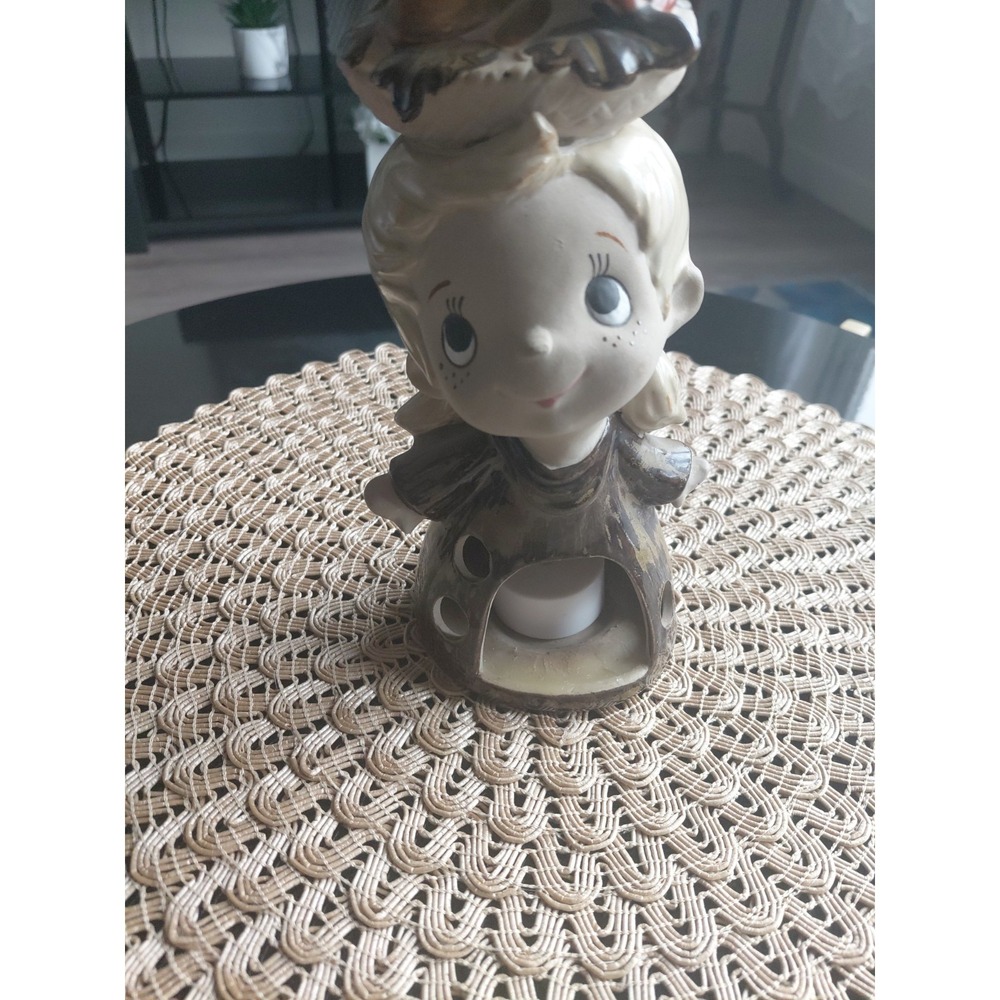 Vintage 1970's BIG EYE GIRL Candle Holder By Lorrie Design "Girl With Mushrooms"